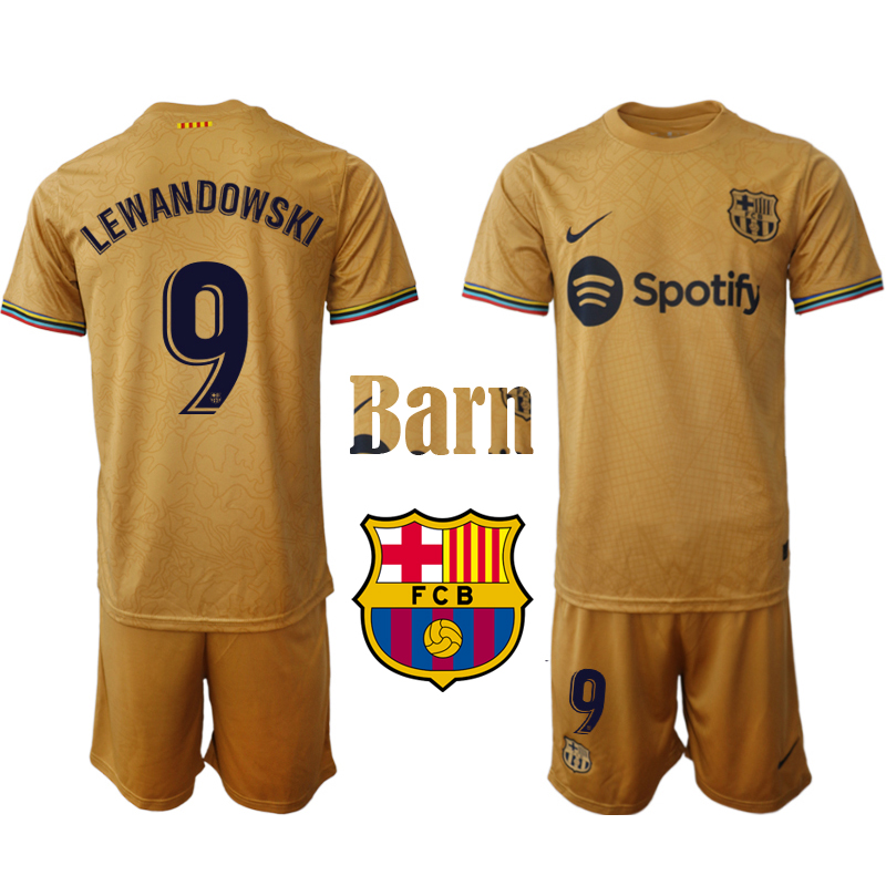 FC Barcelona 2022 23 Lewandowski #9 Bortaställ Fotbollsställ för Barn Kit