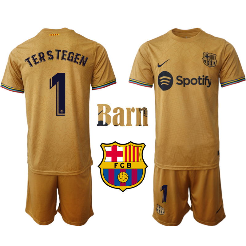 FC Barcelona 2022 23 Ter Stegen #1 Bortaställ Fotbollsställ för Barn Kit