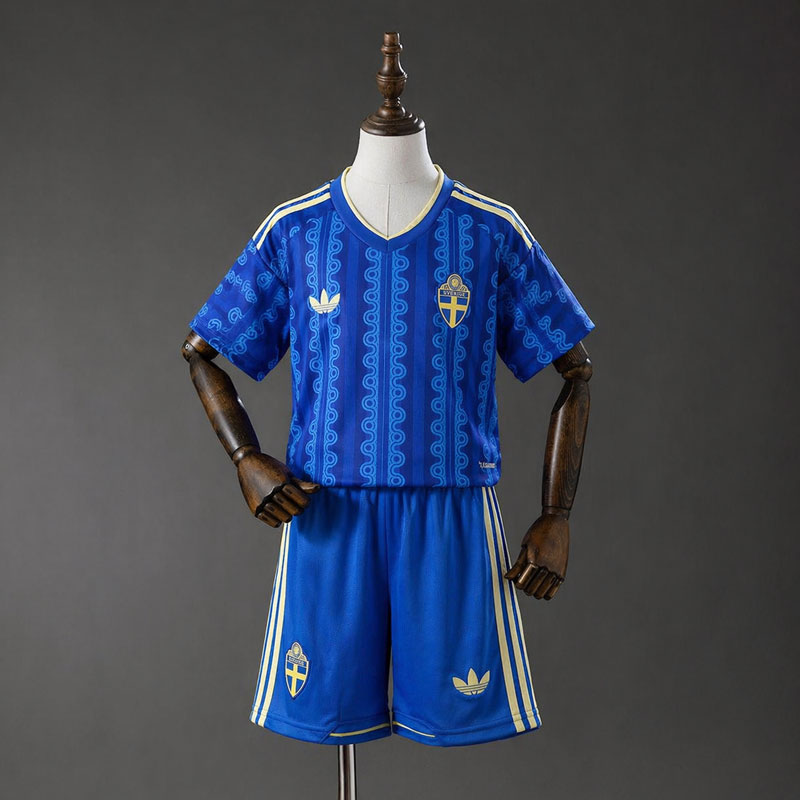 Barn Sverige VM 2026 bortatröja - blå fotbollsset med shorts